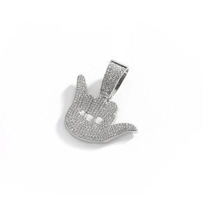 Iced-out hip hop hand gesture pendant necklace with white diamonds and silver plating