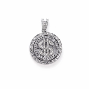Hip hop style spinning dollar sign pendant with sparkling pavé crystals and silver finish