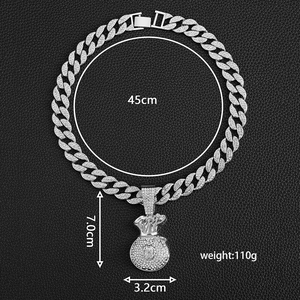 Pendentif sac d'argent hip hop avec strass et dimensions de la chaîne cubaine pour hommes