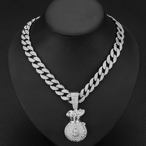 Chaîne cubaine argentée hip-hop avec un pendentif symbole dollar sac d'argent