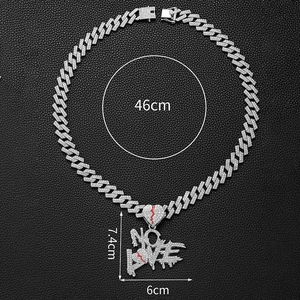 Pendentif NO LOVE hip hop avec cœur brisé et collier chaîne cubaine de 46cm