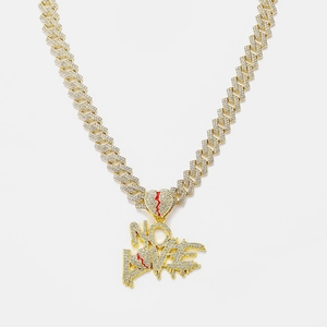 Collier Cuban Hip-hop en or avec lettres NO LOVE et pendentif en forme de cœur rouge brisé