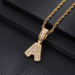 Iced out gold letter A pendant necklace with sparkling zircons and rope chain for men