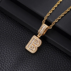 Hip hop iced out letter B pendant with gold rope chain and cubic zirconia stones