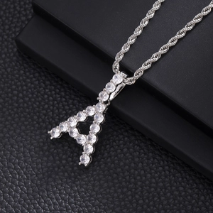 Silver iced out letter A pendant necklace with round cubic zirconia on rope chain