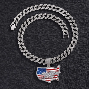 Hip hop American flag map pendant with iced out rhinestones on silver Cuban chain link