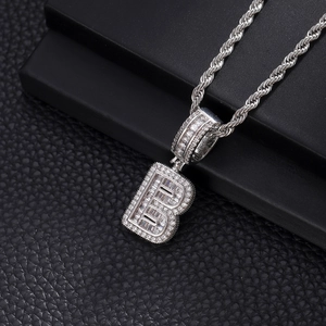 Collier hip hop argenté avec pendentif lettre B serti de zircons brillants pour hommes
