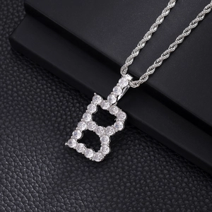 Iced out letter B pendant necklace with pave zircons and silver rope chain for men and women