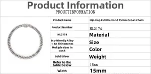 Detailed chart showing 15mm iced-out Cuban chain specs with 3A rhinestones and alloy