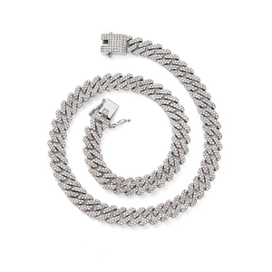 Hip hop 12mm zilveren Cubaanse schakelketting met strass steentjes en een vierkante sluiting