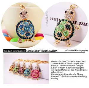 Sparkling crystal rhinestone turtle keychains in various vibrant colors for handbags