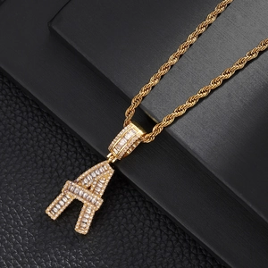 Hip hop iced out gold letter A pendant necklace with cubic zirconia and rope chain