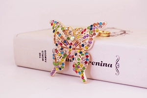 Détails d'un porte-clés papillon doré orné de strass multicolores brillants sur un livre
