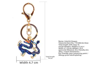 Detailed size specifications for the blue enamel dragon keychain with crystal accents