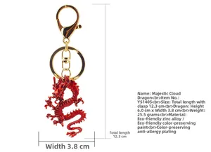 Detailed view of red dragon keychain size showing 12.3cm length and 3.8cm width