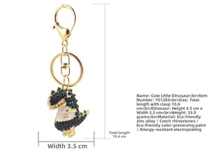 Detail showing zinc alloy dinosaur keychain with Czech rhinestones and lobster clasp