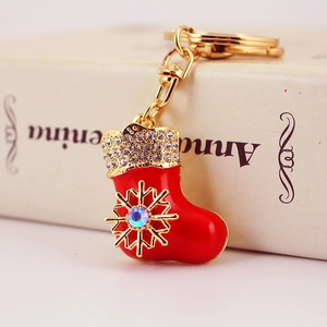 Porte-clés Chaussette de Noël en Strass et Cristal Alliage de Zinc Émail Rouge Pendentif Flocon de Neige Ornement Cadeau