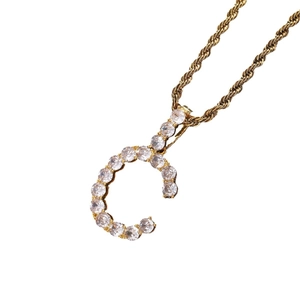 Hip hop gold letter C pendant necklace with sparkling cubic zirconia on twist rope chain