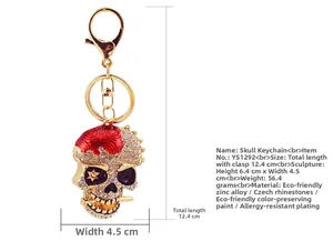 Vue détaillée du porte-clés crâne rouge avec dimensions 12,4cm et poids de 56,4g