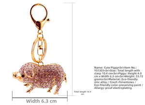 Détails du porte-clés cochon en cristal montrant 10,4cm de long et alliage de zinc