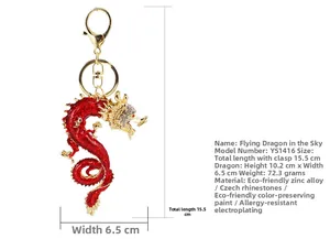 Detailed size specifications of the gold-plated dragon keychain with red enamel and crystals