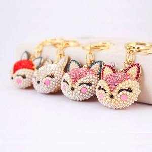 Lot de porte-clés renard en cristal avec perles et strass en quatre couleurs pour sacs