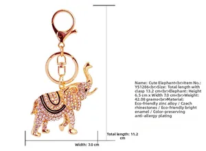 Detailed view of the rhinestone elephant keychain with red and gold enamel finish