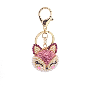 Porte-clés renard avec strass roses et perles avec fermoir mousqueton doré chic