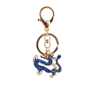 Blue Chinese dragon keychain with golden metal finish and deep blue enamel details