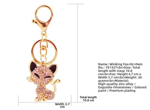 Detailed view of pink rhinestone squinting fox keychain with 10.8cm size dimensions