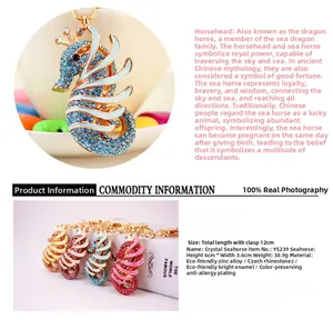 Detail showing crystal seahorse keychain with colorful enamel and Czech rhinestones