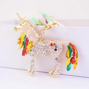 Exquisite unicorn keychain with sparkling rhinestones and colorful enamel on golden alloy