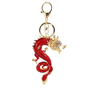 Traditional Chinese dragon keychain with red enamel coating and white rhinestone accents