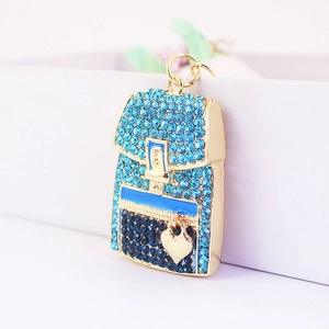 Chic blue rhinestone mini backpack keychain with golden metal finish for bags