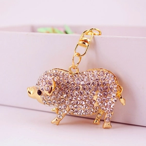 Porte-clés cochon en cristal étincelant avec métal doré et strass blancs pour femme