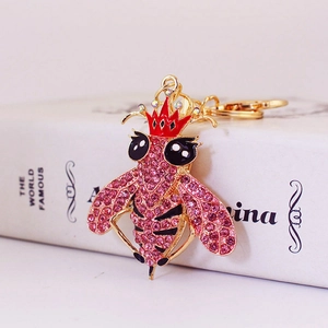 Llavero de abeja con cristales rosa y corona dorada brillante para llaves de coche