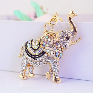 Porte-clés éléphant doré étincelant avec strass colorés et fermoir mousqueton solide