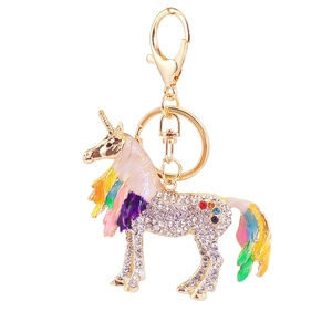 Goldener Einhorn-Schlüsselanhänger mit buntem Emaille-Mähne und funkelnden Strasssteinen