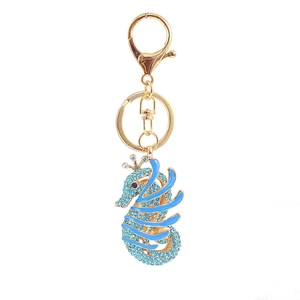 Cute seahorse keychain with blue crystals and gold plating for women's handbags