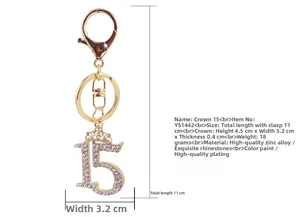 Detailed view of the rhinestone crown and number 15 keychain with precise measurements