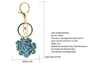 Detailed view of rhinestone rose keychain showing 10.9cm length and zinc alloy craft