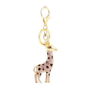 Golden giraffe keychain with sparkling rhinestones and heart-shaped enamel spots decoration