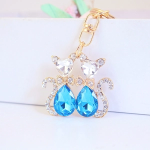 Charming fox cat metal keychain with heart crystals and sparkling diamond details