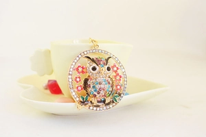 Detailed macro view of crystal owl pendant with colorful rhinestones on a golden base