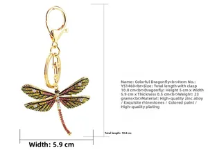 Detail view of colorful rhinestone dragonfly keychain with size measurements in cm