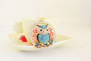 Detailed close-up of a crystal owl keychain with blue rhinestones and pink flowers