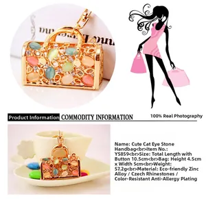 Detail of a handbag-shaped keychain with colorful opals and crystals on a golden frame
