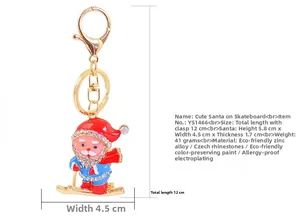 Detailed size specifications of cute Santa Claus keychain with dimensions and rhinestones