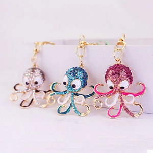 Luxury Zinc Alloy Octopus Rhinestone Keychain Glitter Sea Animal Bag Pendant Enamel Octopus Keyring Metal Hanging Jewelry