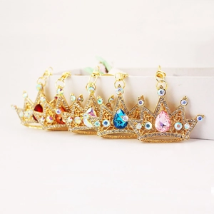 Sparkling crystal crown keychains in five colors with gold plating and lobster clasps